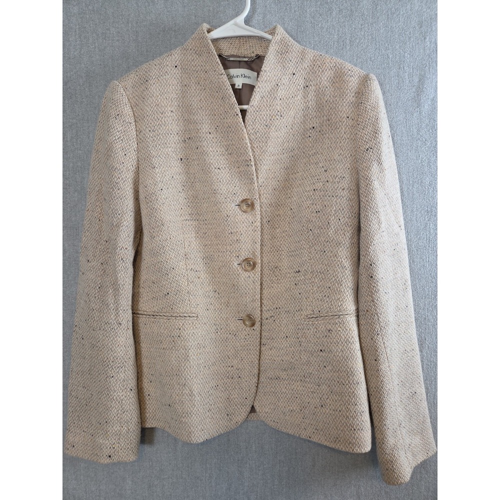 Calvin Klein Tweed Blazer Jacket Size 8 Beige Wool Blend Lined Career City Work